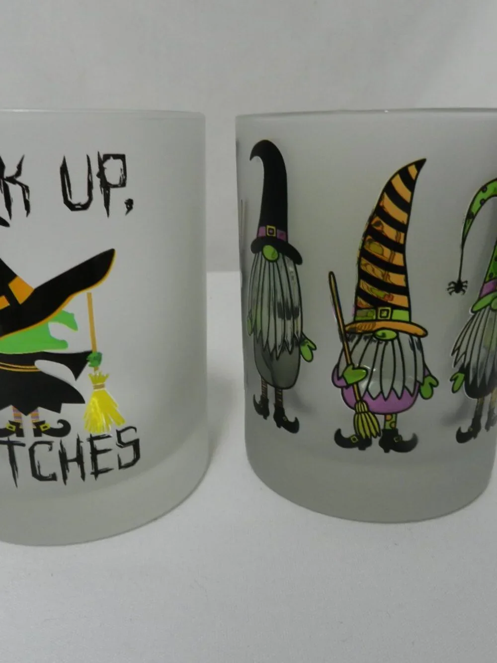 Culver Double Old Fashioned Gnomes Witches Halloween Frosted Glass Set 2 NEW